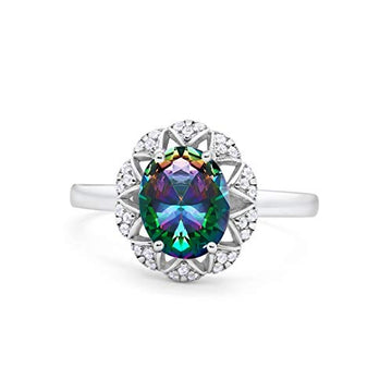 Oval Art Deco Engagement Ring Simulated Rainbow CZ 925 Sterling Silver